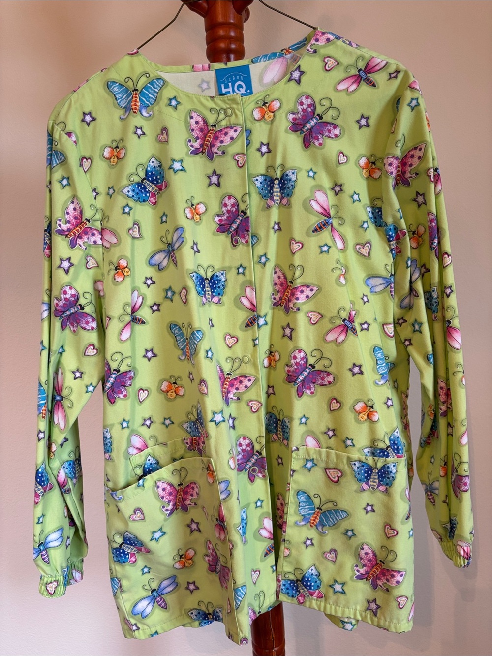 HQ Lime Green Butterfly Print snap front Scrub Jacket